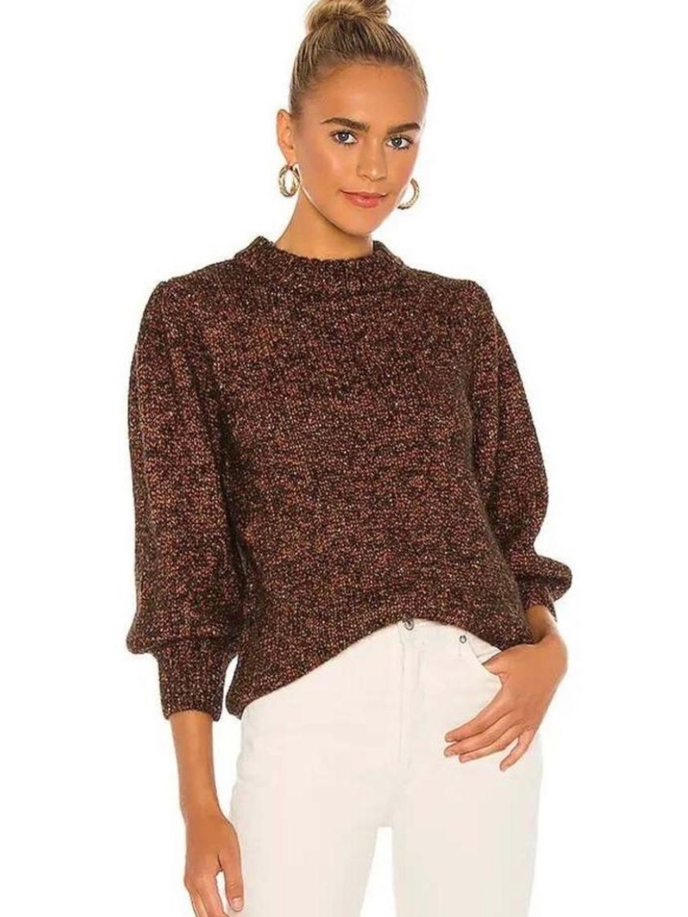 New ANINE BING Rosalind Alpaca Wool Puff Sleeve Speckled Rust Brown Sweater LG